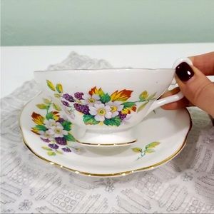 CROWNFORD Vintage English Bone China Teacup & Saucer Set w/Flowers and Berries